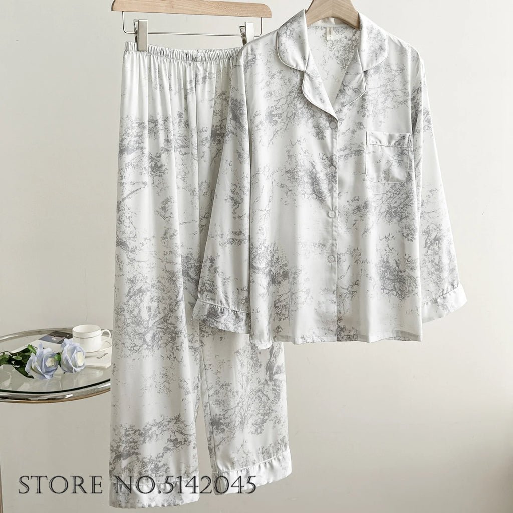 Luxury Women Pajamas Set Night Wear Elegant White Silk Satin Lace Sleepwear Trouser Suit Home Clothes Loose Casual Loungewear