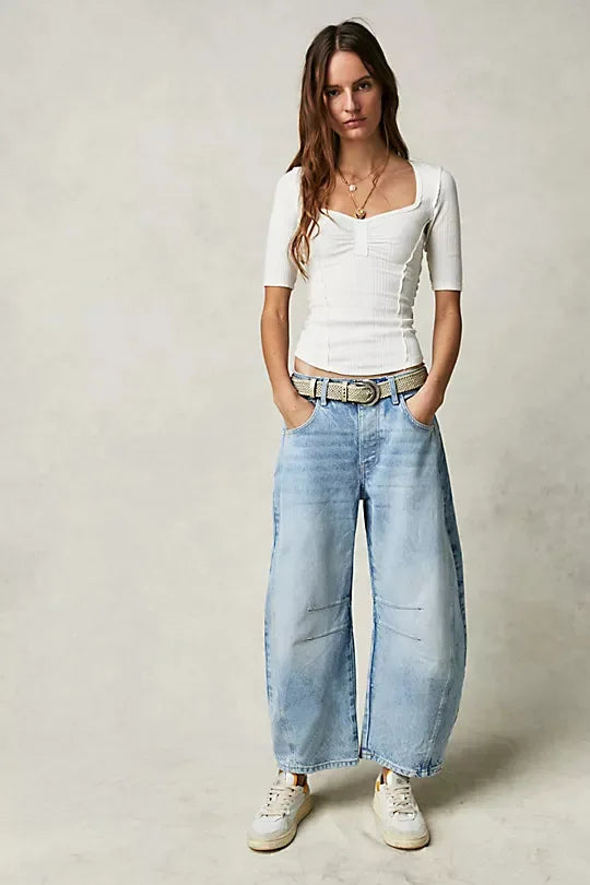 Cotton Denim Long Jeans for Women Trousers Casual High Waisted Jeans Cropped Pants Spring Summer Boho Beach Ladies Baggy Jeans