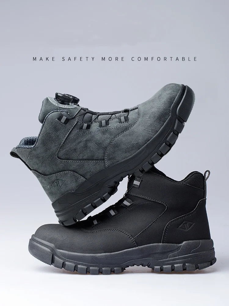 WOUDHONY Work Shoes Men Anti-smashing Anti-puncture Safety Shoes Rotating Buttons Autumn Winter Protective Work Safety Boots