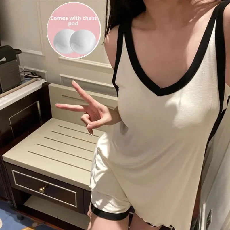 Women Sleeveless Summer Casual 2/pce Set Girls Spaghetti Strap Vest Shorts Outfit Lady Color Blocked Bra Pad Fashion Loungewear