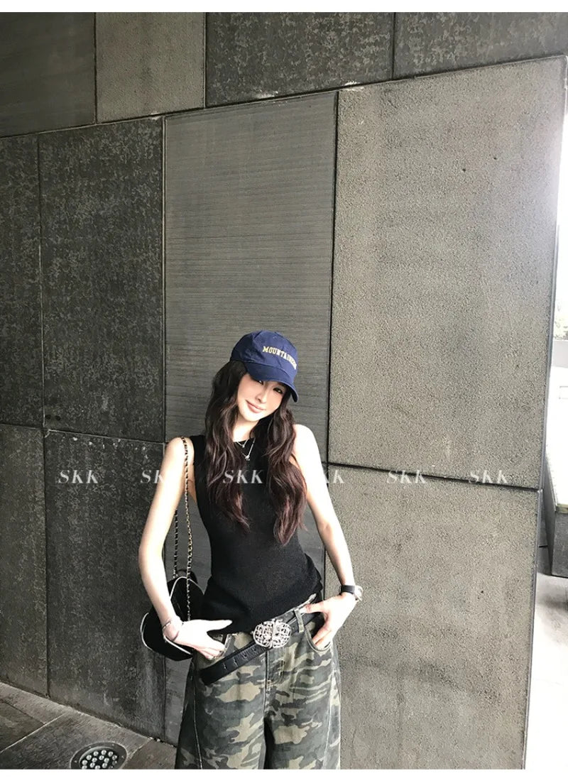 YJKDYK High Waist Camouflage Workwear Jeans Women's Autumn Spring American Retro Wide Leg Floor-Length Pants Trendy High Street