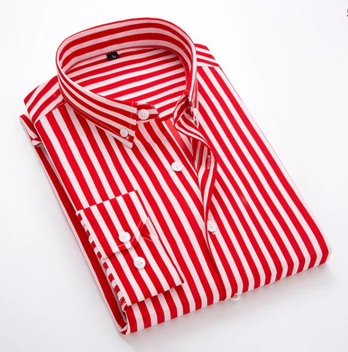 2026 Men's Classic Striped Shirt, Single-breasted Long-sleeved Shirts Autumn New Top Red Blue Black Slim Version Male Chemise