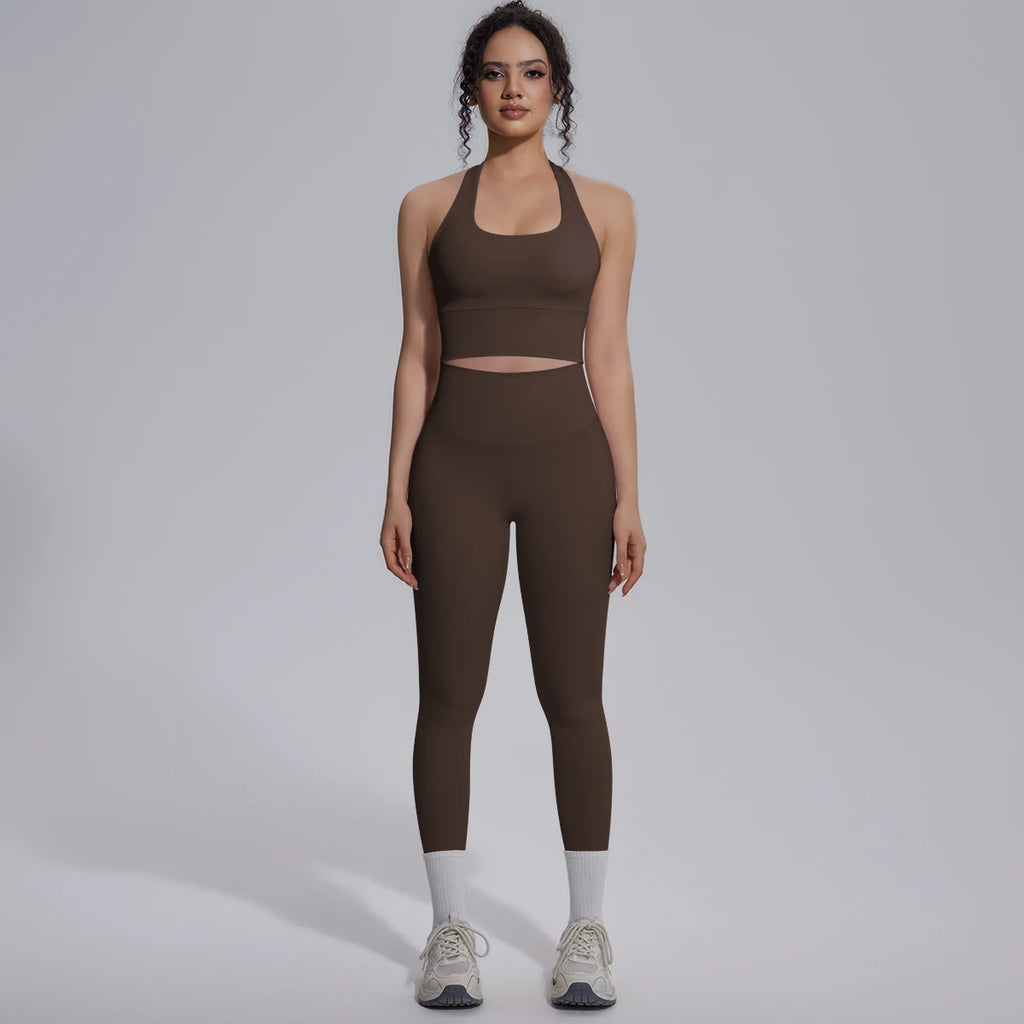 Rooftrellen New Women's Two-piece Set Fitness Sports Solid Color Yoga Set Summer Quick Drying Legging Pants Gather I-shaped Vest