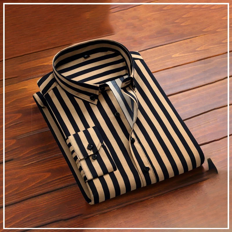 2024 Spring and Autumn Fashion Trend Casual Business Minimalist Buckle Neck Stripe Print Slim Fit Oversize Long Sleeved Shirt