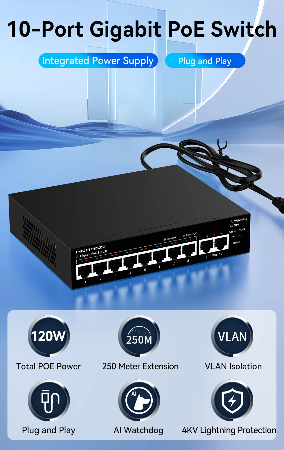 HORACO 8 Port Gigabit POE Switch 1000Mbps Active POE Network Switch for IP Camera,NVR,Surveillance,CCTV,POE Camera