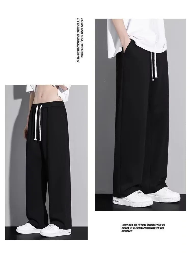 Men's Casual Straight Leg Drawstring Sweatpants Versatile Leisure Long Trousers Student Sports Pants Polyester Fiber Elastic