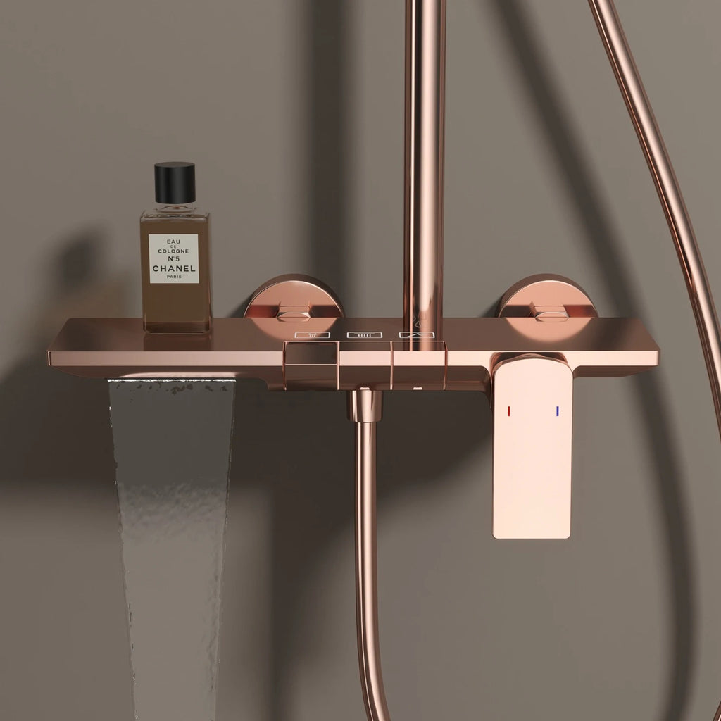 Brushed Gold Piao Bathroom Shower System Set Brass Waterfall Bathroom Faucet 12 Inch Rain Shower Head Hot Cold Piano Shower Set