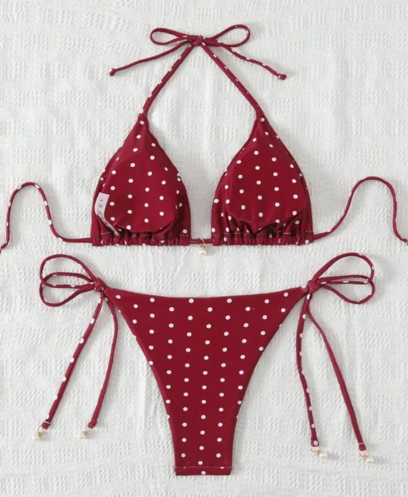 Women Retro Red Polka Dot Halter Bikini Set Adjustable Tie Triangle Two Piece Swimsuit Removable Pad Brazilian  Swimwear S-XL