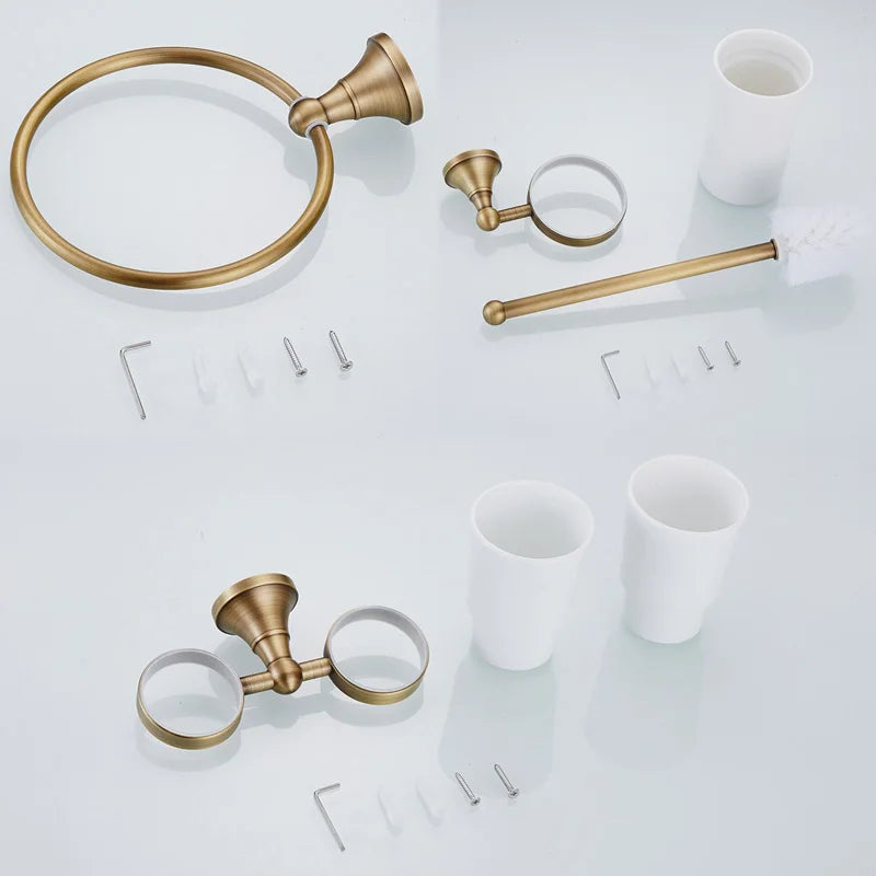 Antique brass plated wall-mounted towel rack bathroom hardware pendant set paper towel holder coat hook toilet brush ELA68A