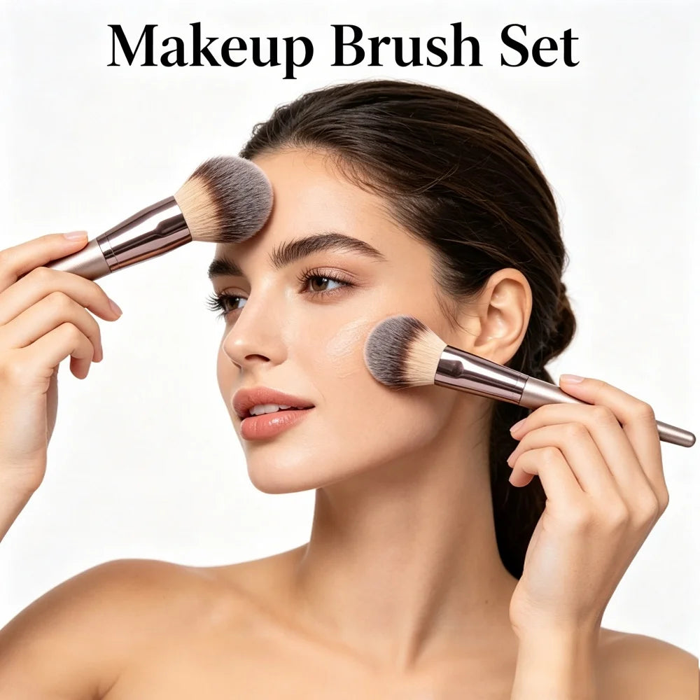 Makeup Brush Set 10PCS Champagne Gold Brushes Vegan Cruelty-Free Bristles All-in-One Full Face & Eye Makeup Kit