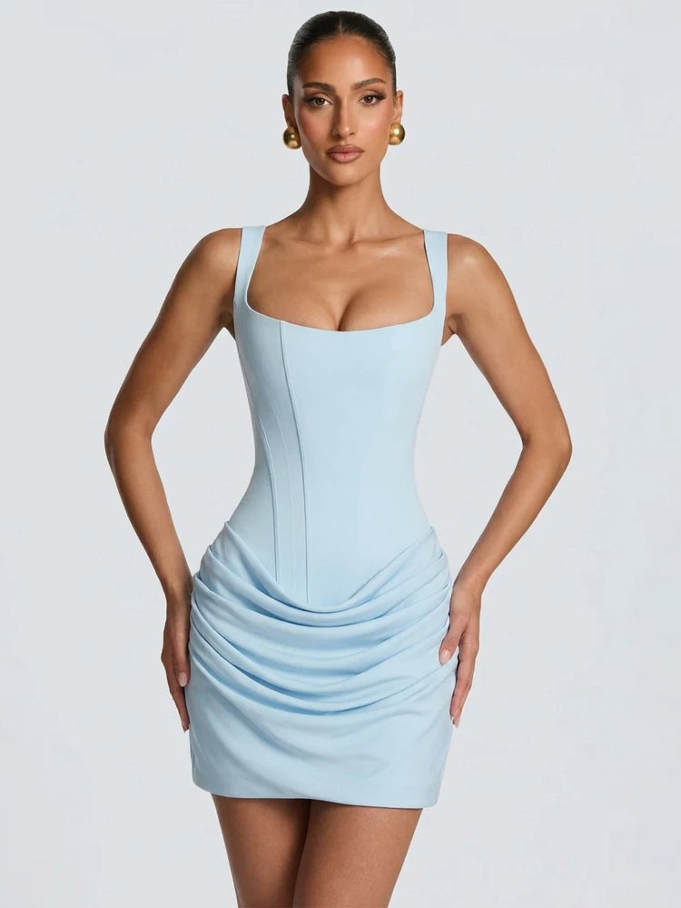 Solid Pleated Sling Dress Women Square Neck Sleeveless Backless Waist Cinching Bodycon Dresses Lady Summer Evening Party Gowns