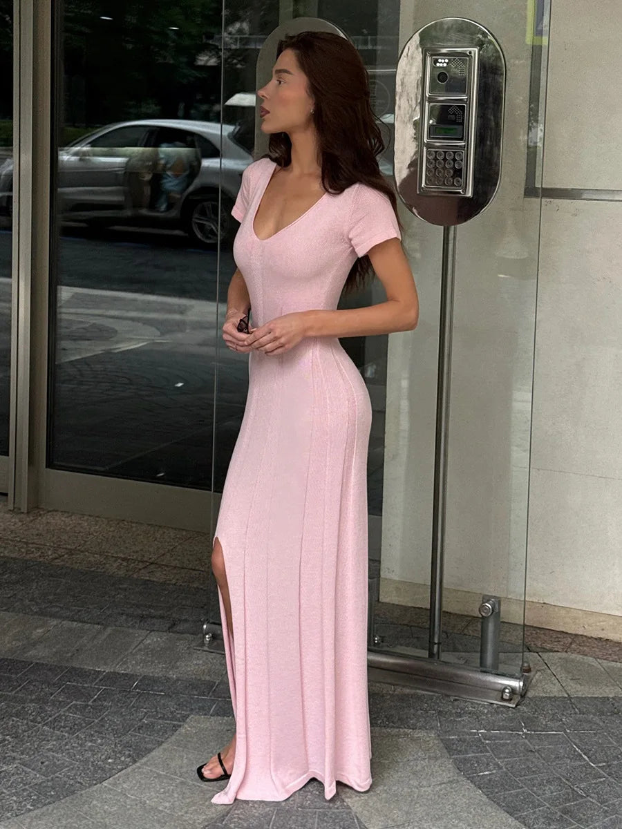 TARUXY Spring Summer Short-Sleeved Knitted Dress Women Solid V-Neck Slit Long Dress Slim Sexy Commuting Leisure Dress Female New