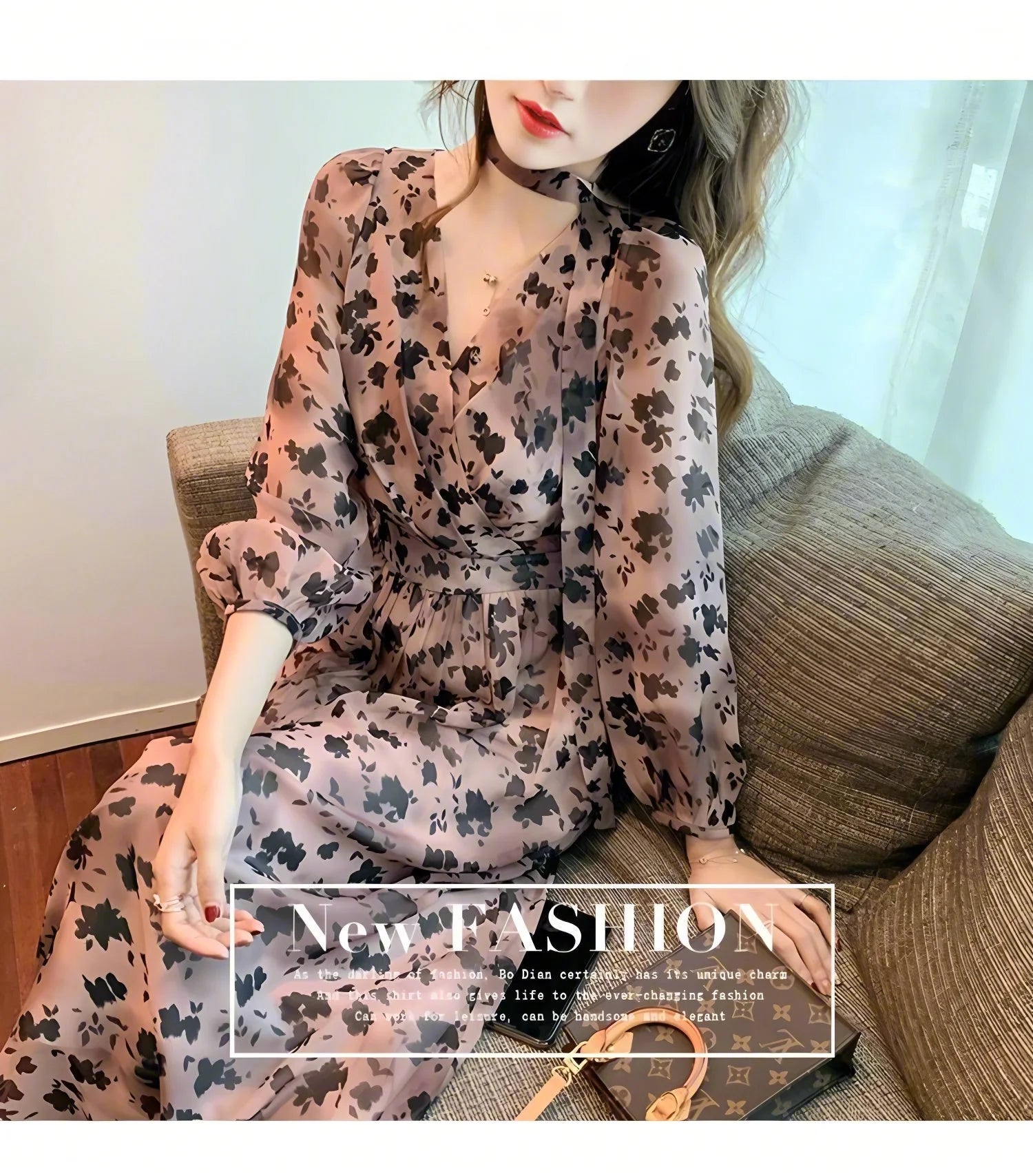 Women's chiffon lantern sleeve big swing dress V-neck floral long dress spring and summer French dress
