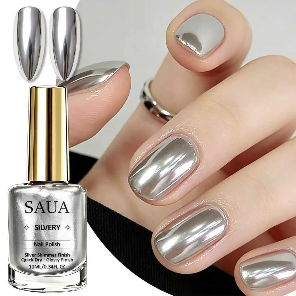 Silver Metallic Nail Polish—Quick-Drying, No UV Lamp Required, Mirror-Like Finish; the Perfect Choice for a Holiday Gift.