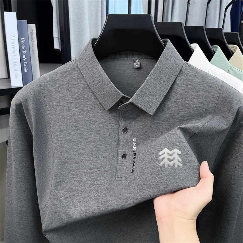 Men's Autumn Long Sleeved Polo Shirt Collar Offset Printing Breathable Mesh Design T-Shirt Sports and Casual Men's Clothing Top