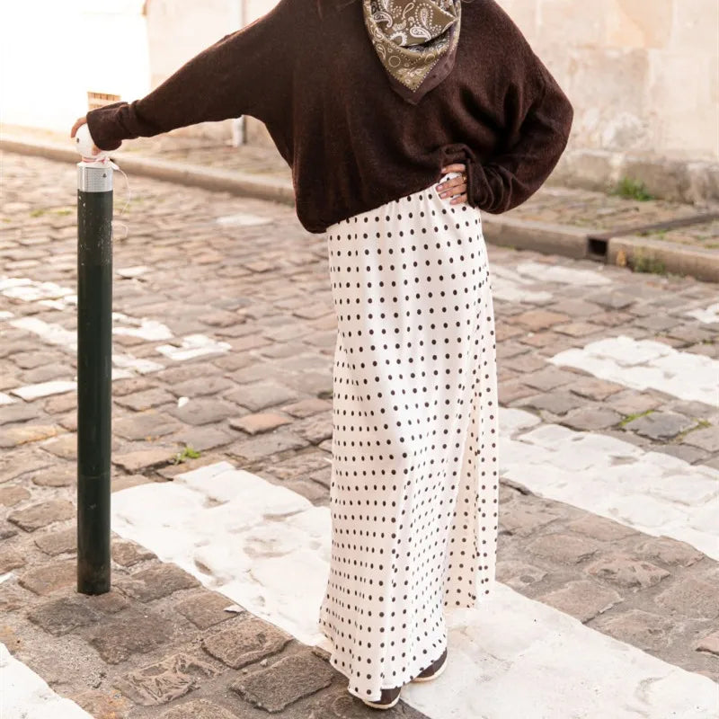 Women Polka Dot Maxi Skirt Elegant Bodycon A Line Flare Long Skirts Cute Dots Print Flowy Maxi Satin Skirt Vintage Streetwear
