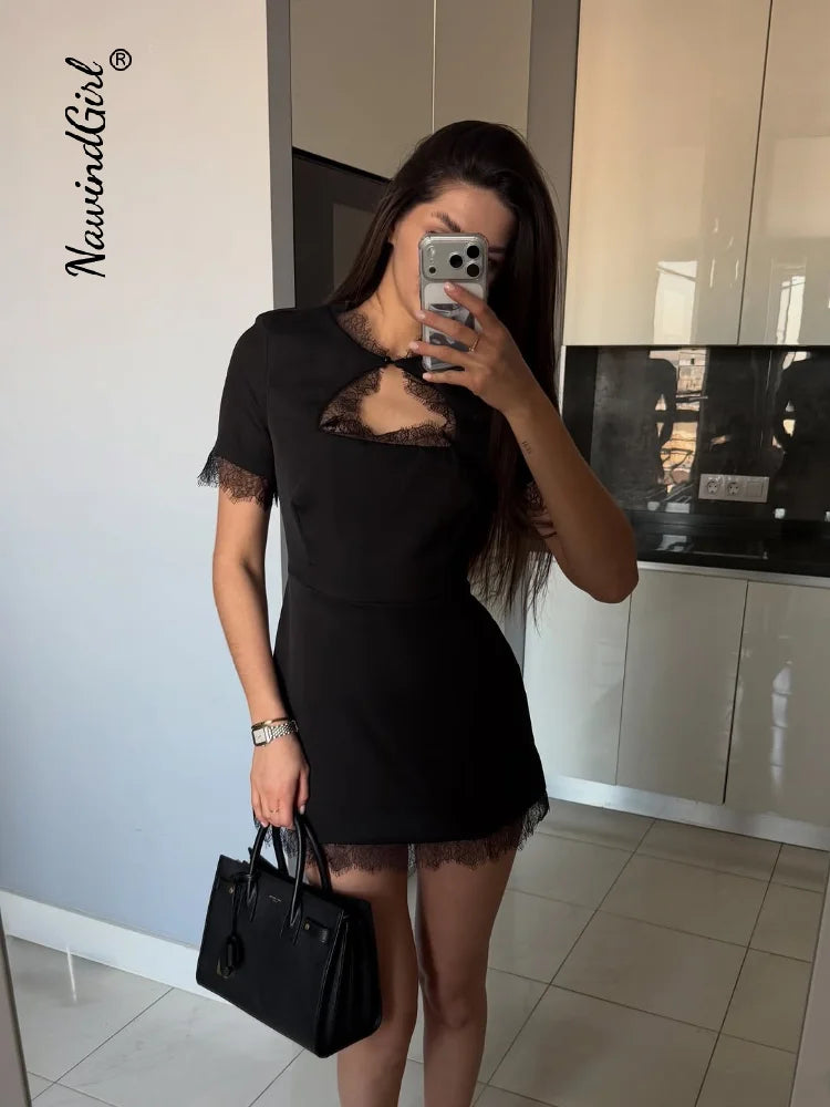Sexy Lace Patchwork Dress Women Hollow Out O-neck Short Sleeve Black Slim Short Dresses 2026 Spring Summer Party Club Robes Lady