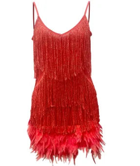 Sequin Fringe Dress Women V Neck Slip Party Gown Feather Trim Birthday Glam