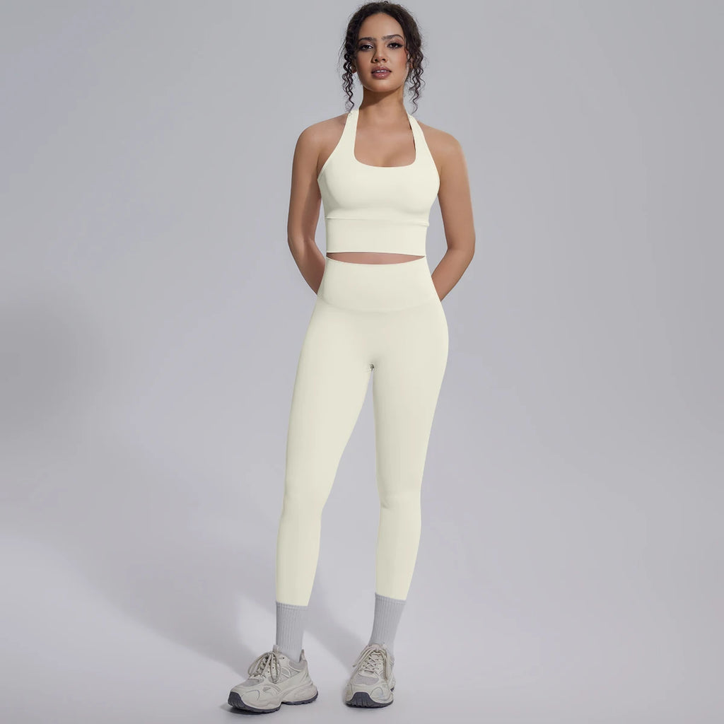 Rooftrellen New Women's Two-piece Set Fitness Sports Solid Color Yoga Set Summer Quick Drying Legging Pants Gather I-shaped Vest