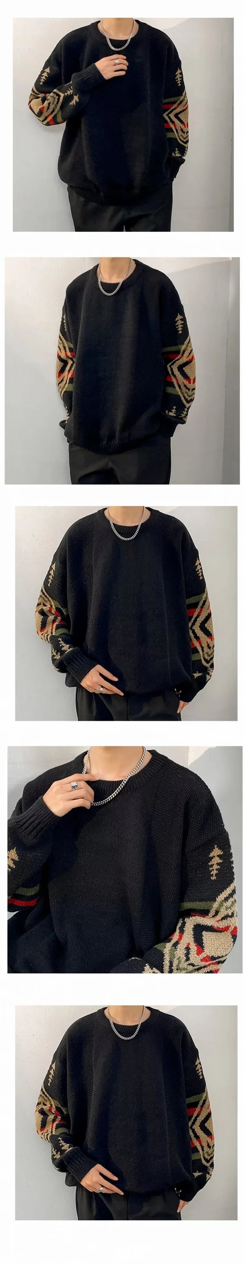 Autumn Men's Ethnic Style O-Neck Knitted Sweaters Y2K Vintage Streetwear Knitwear 2025 New Casual Pattern Printed pull homme