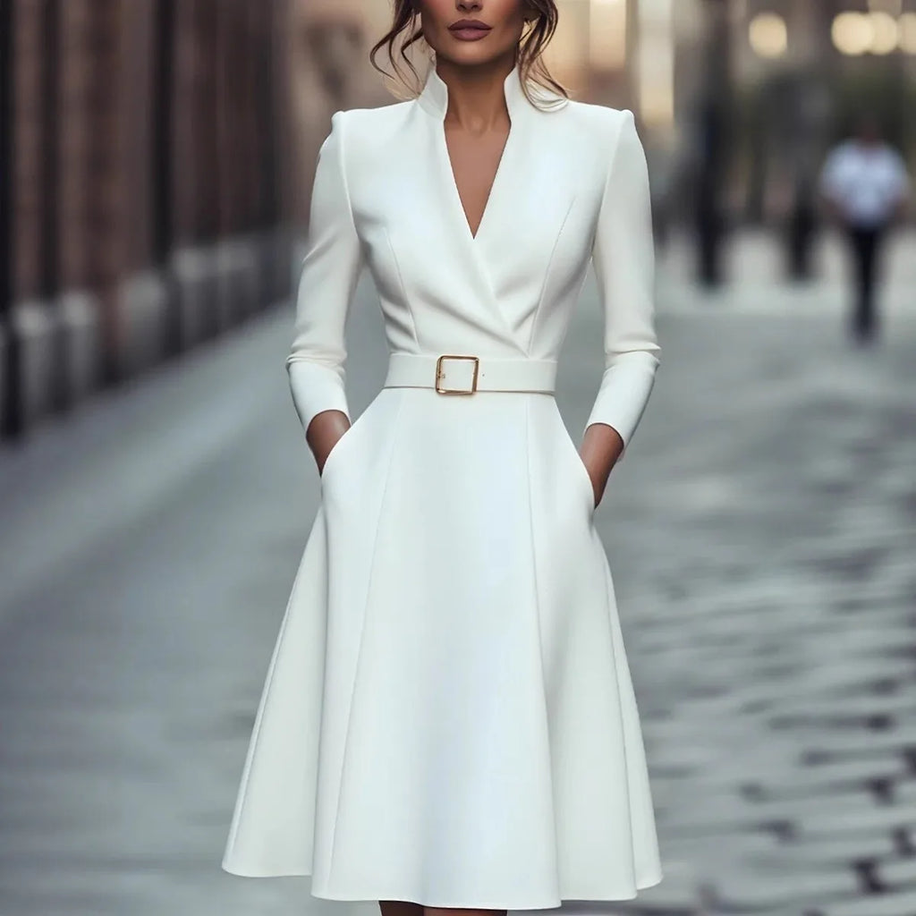 European and American solid color V-neck waist-cinching long-sleeved autumn and winter dress with a wide skirt for women