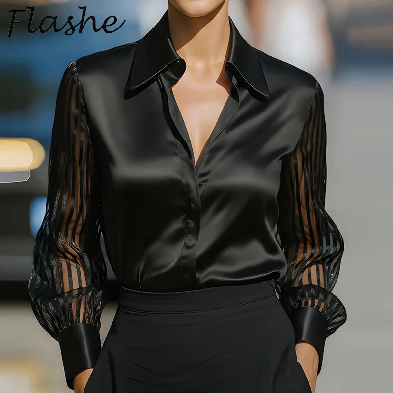 Fashion Women Long Sleeve Silk Shirt Black Turn Down Collar Button Blouse Women Office Tops Mesh See Through Sleeve Satin Shirt