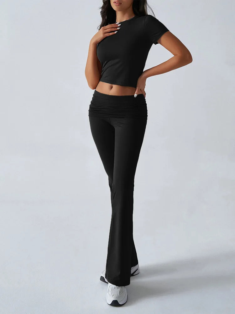 Women's Sexy Tops Suits 2026 Summer Latest Casual Solid Color Yoga Suit Slim Fit Sports Short Sleeved Pants Two-Piece Set Outfit