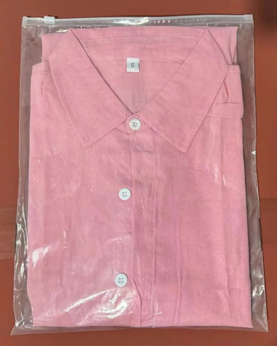 Large Size Cotton Blend Hot Selling Men's Long Sleeved Lapel Shirt Summer Solid Color Stand Up Collar Casual Beach Style