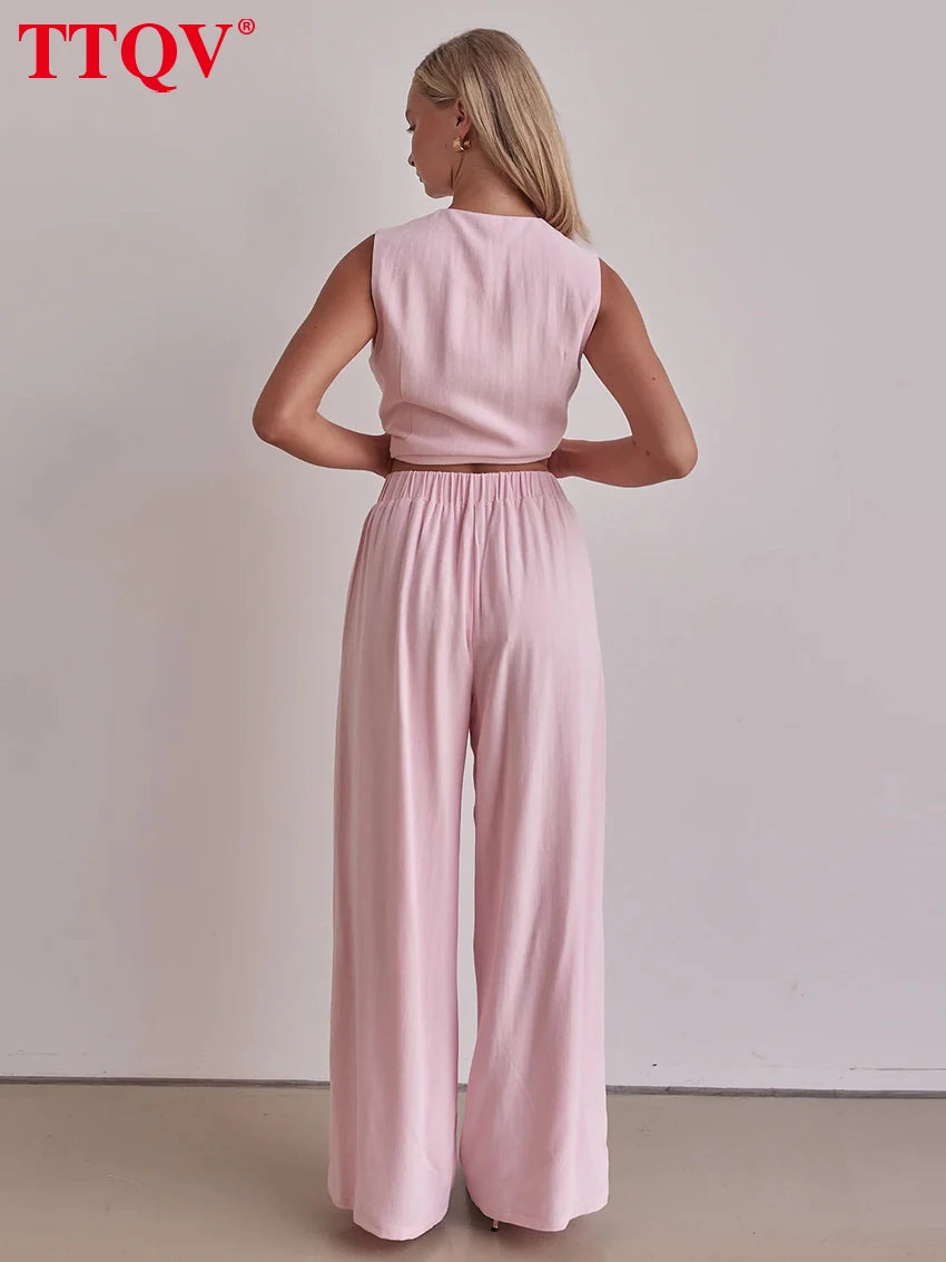 TTQV Summer Loose Pink 2 Piece Sets Woman Outfit Fashion Sleeveless Tank Top With High Waist Wide Pants Set Female Streetwear