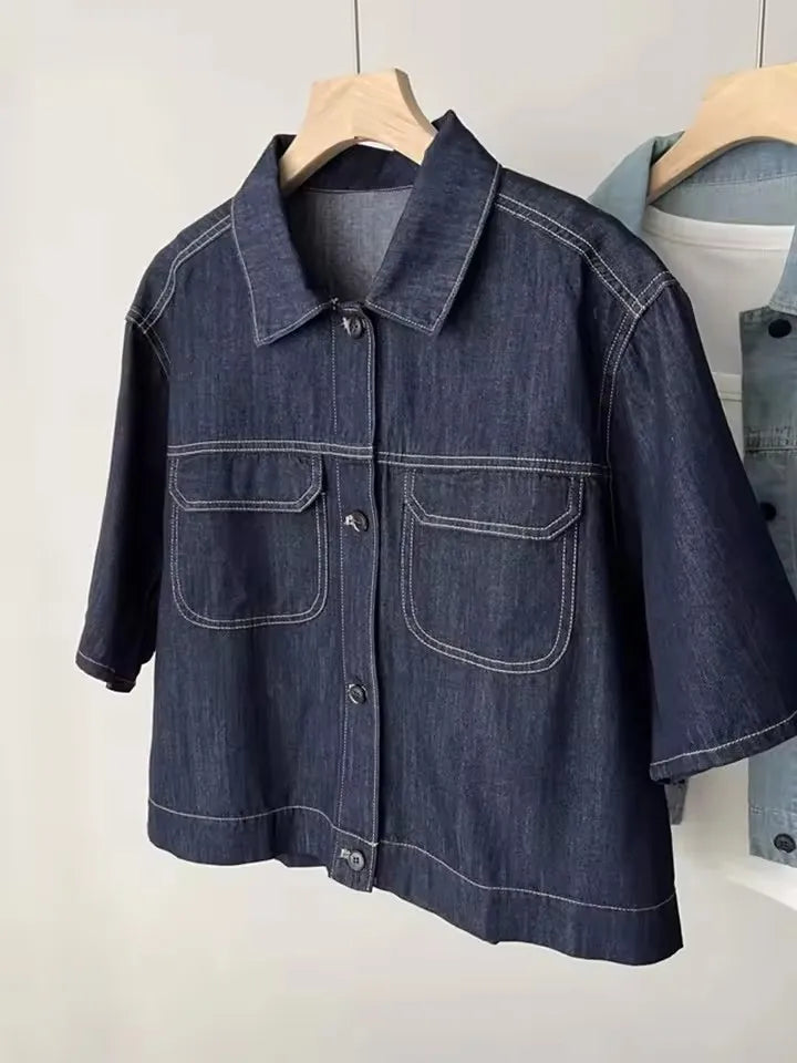 Retro Thin Casual Denim Short Sleeve Jacket Women 2025 Summer High-End Elegance Top Denim Shirt  Female