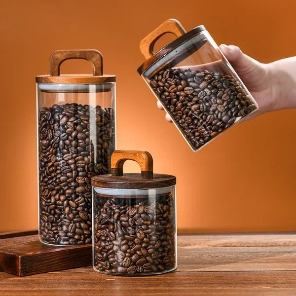 Clear Glass Jar with Bamboo Lid Sealed Canister Food Storage Container for Loose Tea Coffee Bean Sugar Salt Kitchen Gadgets