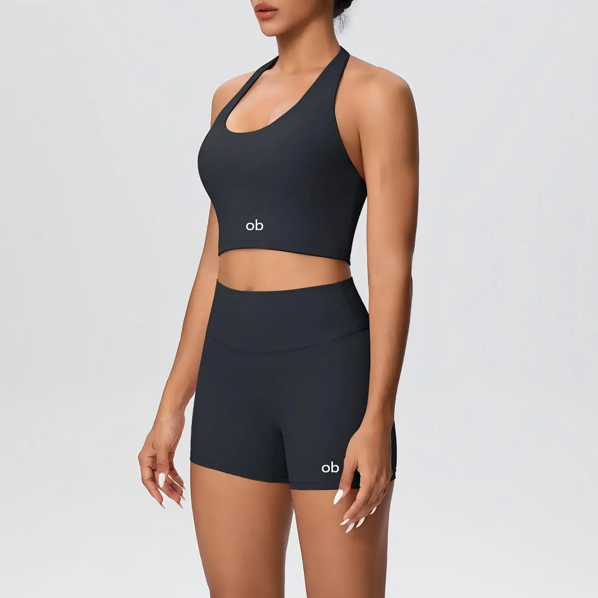 New solid-color double-sided brushed tight-fitting neckless short pants yoga set for exercise, running and fitness two-piece set
