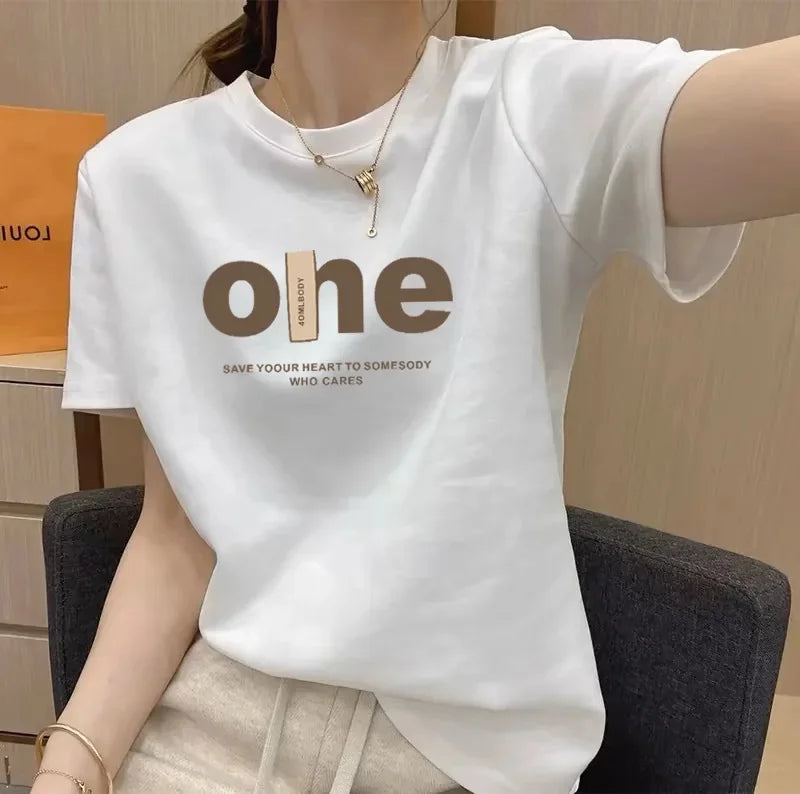 Women's Short Sleeve T-Shirt Pure Cotton Thin Summer Korean Style Loose Fit Shoulder round Neck Half Sleeve Ladies Top Versatile