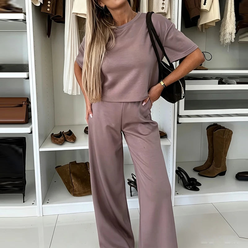 Women Fashion Simple Solid 2 Piece Sets Elegant O-neck Pullover Tops & Long Pant Suits Casual Short Sleeve Loose Summer Outfits
