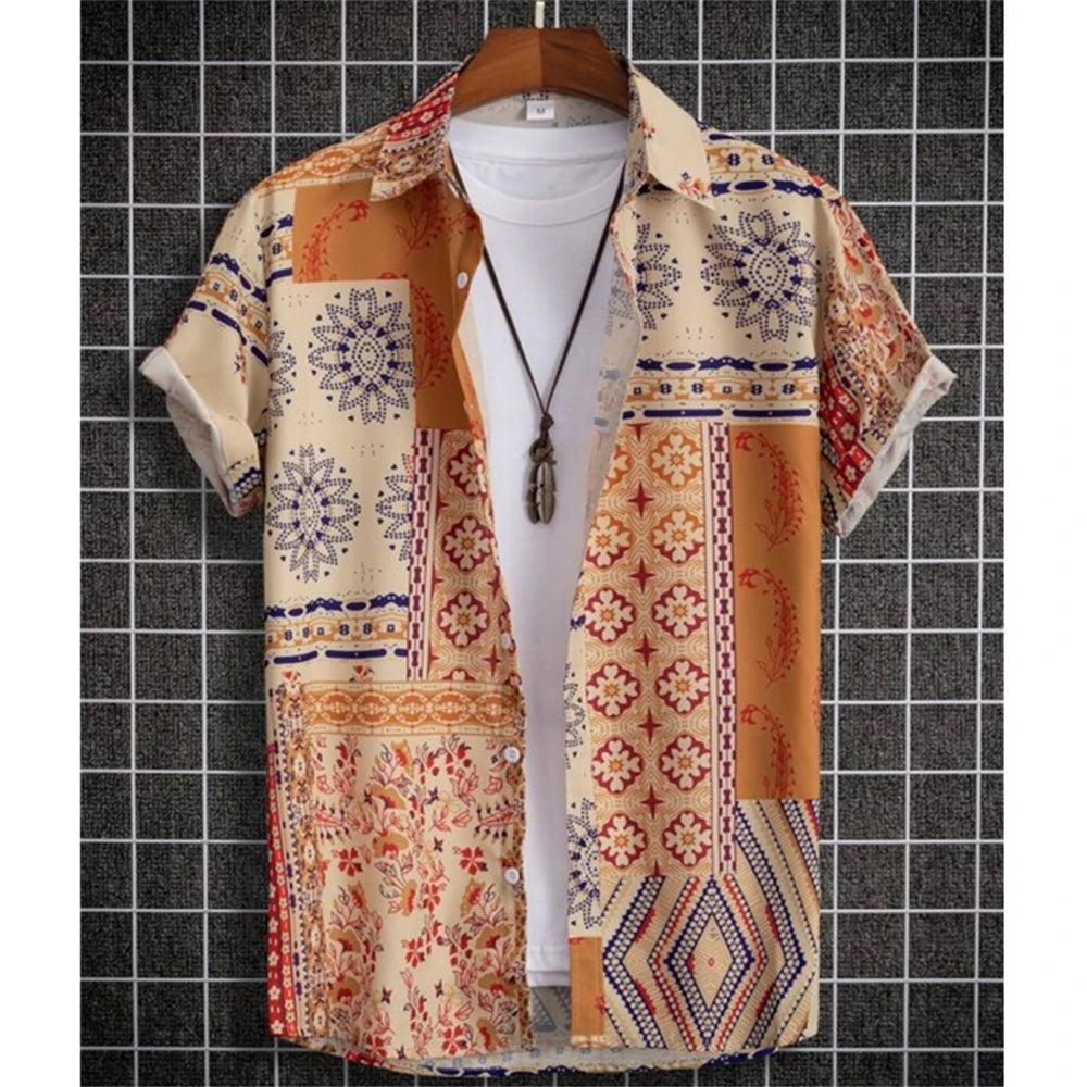 3D Printed Ethnic Men's Hawaiian Shirts Vintage Button Short Sleeve Lapel Retro Streetwear Hawaiian Blouse shirts for men Summer