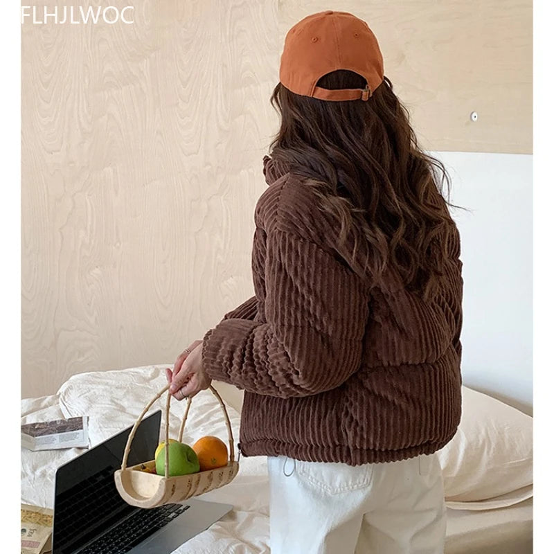 Corduroy Cotton 2025 Winter Turtleneck Warm Outerwear Coats Cake Korean Style Cute Girls Short Down Jacket Short Women Parkas