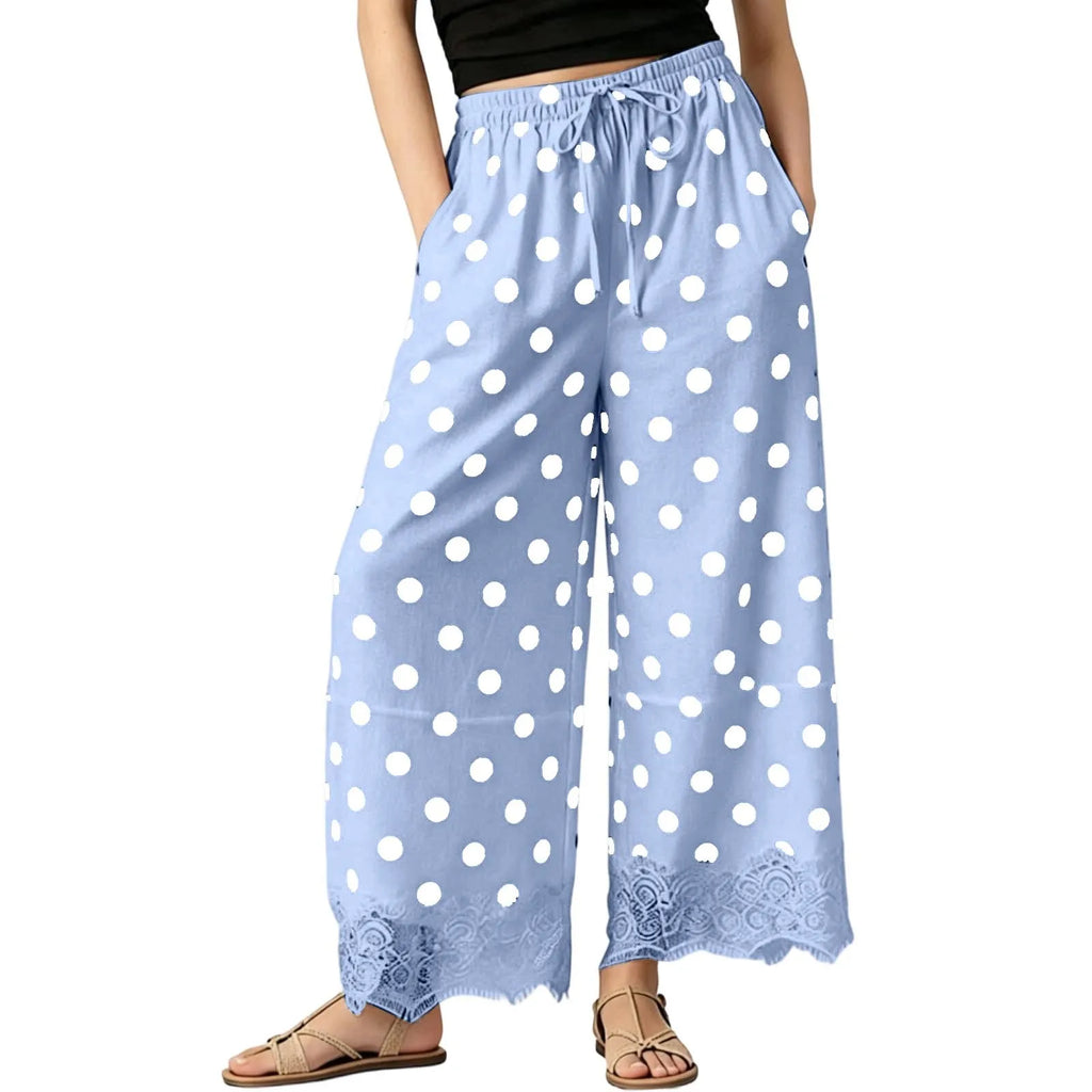Vintage Polka Dot Women's Pants Lace Hem Loose Wide Leg Pants Drawstring Elastic Waist Side Pocket Baggy Trousers Pantalones