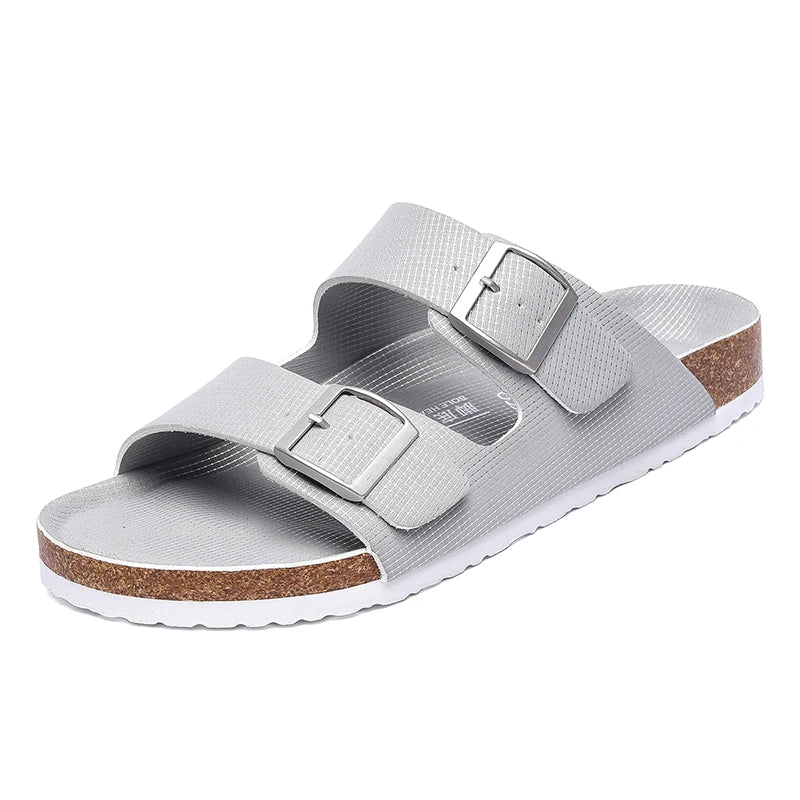 Summer Men Women Cork Slippers Clogs Microfiber Leather Slides Casual Slip On Sandal Double Buckle