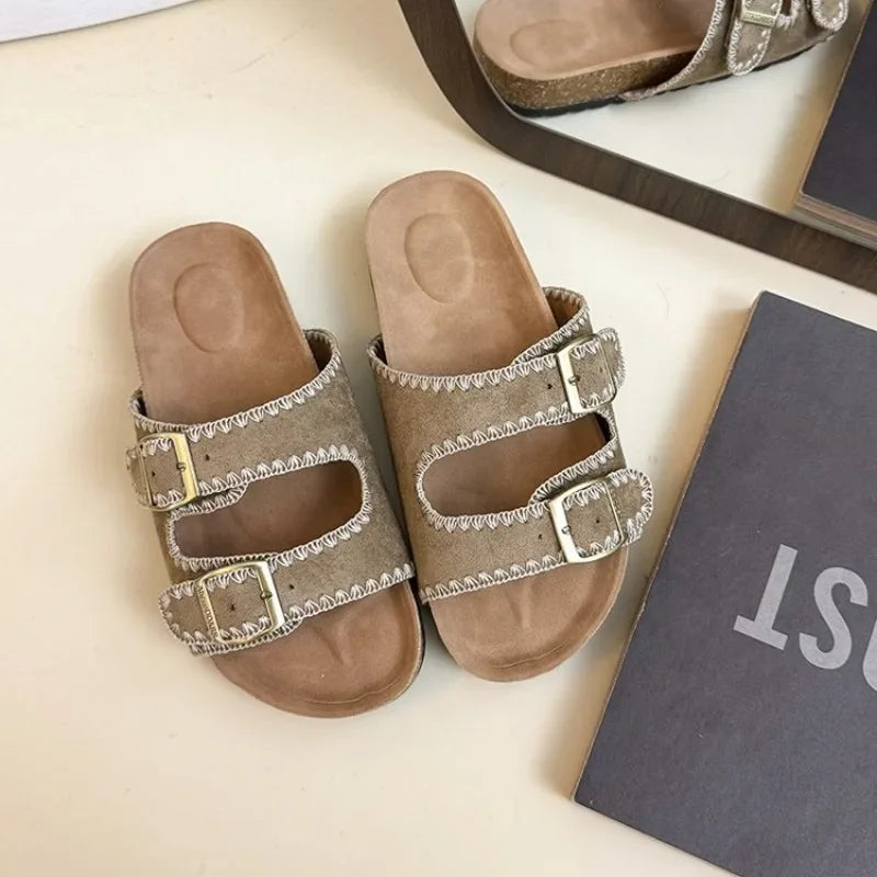 Women's Flat Slide Sandals Open Toe Suede Look Double Buckle Strap Slip on Whipstitch Detail Casual Summer Daily Walking Shoes