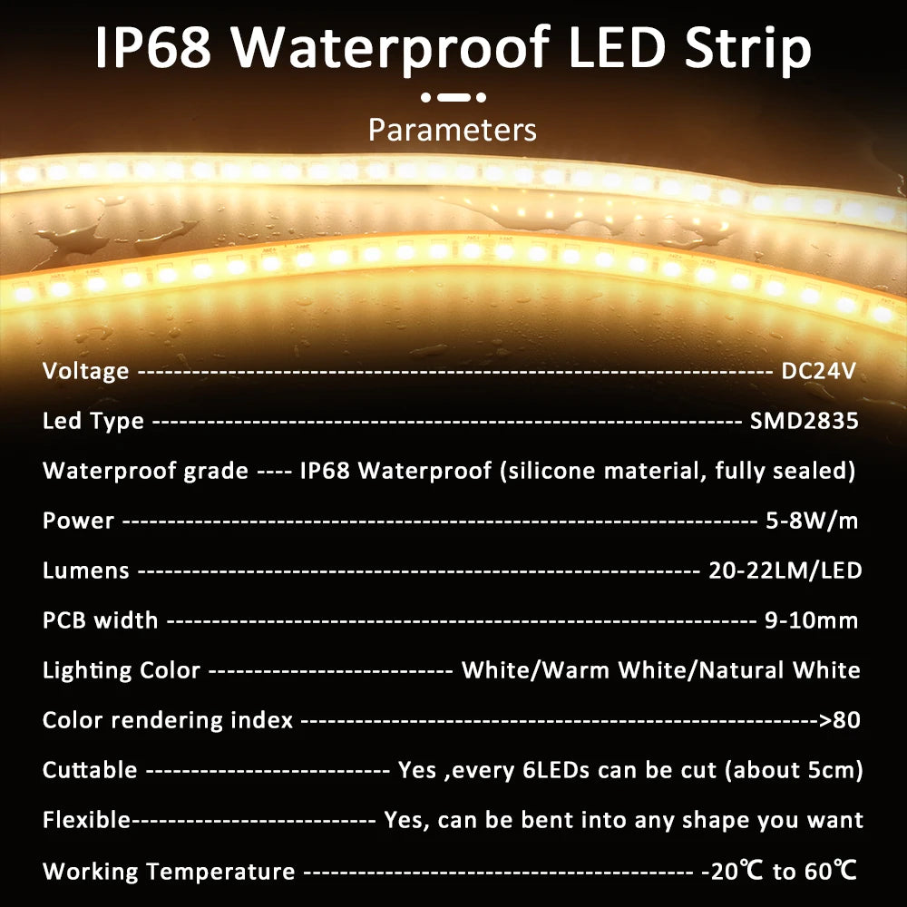 24V LED Strip Light IP68 Waterproof 1-20M SMD 2835 120LEDs Flexible LED Tape Ribbon Lamp Indoor Outdoor Lighting Park Fish Tank