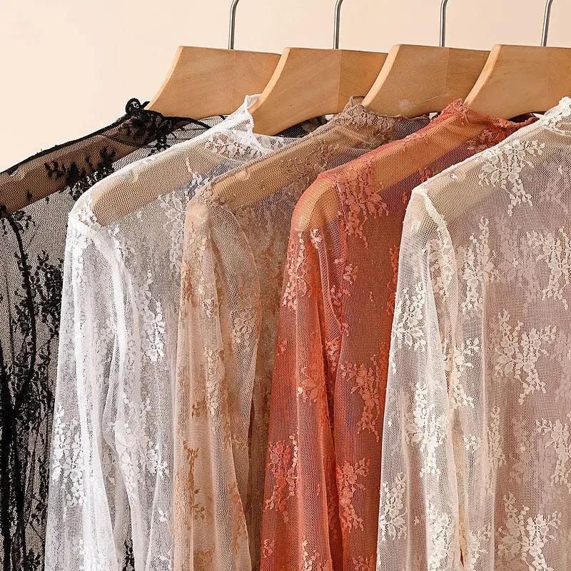 Women Half High Collar Mesh Bottomed Blouse T-shirt Lace Ear Edge Spring and Autumn Western-style Hollow Long Sleeve Lace Top