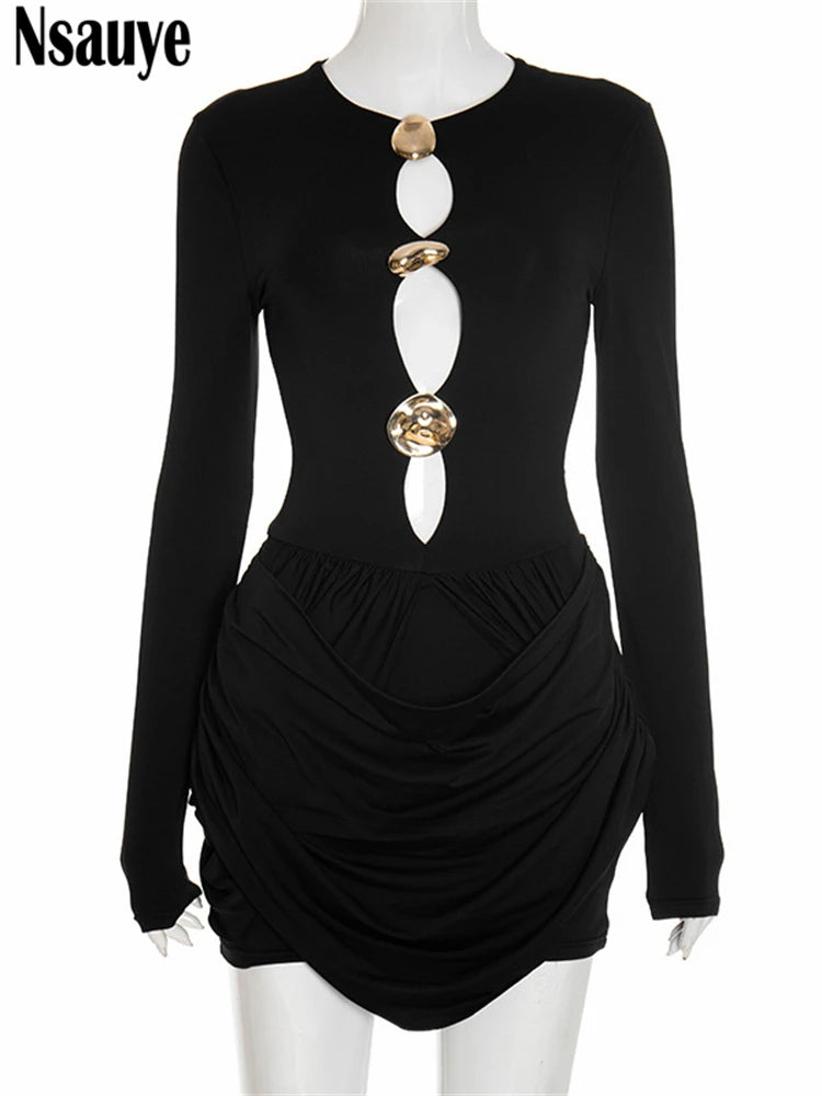 Nsauye Autumn Winter Women 2025 Sexy Night Club Mini Wrap Hollow Out Party Dress Fashion Elegant Evening Short Dress Long Sleeve