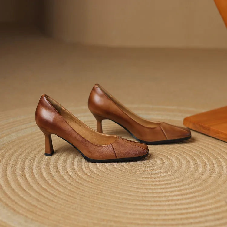 NEW Spring/Autumn Women Pumps Genuine Leather Shoes for Women Square Toe Thin Heel Shoes Concise Shallow High Heel Pleated Shoes