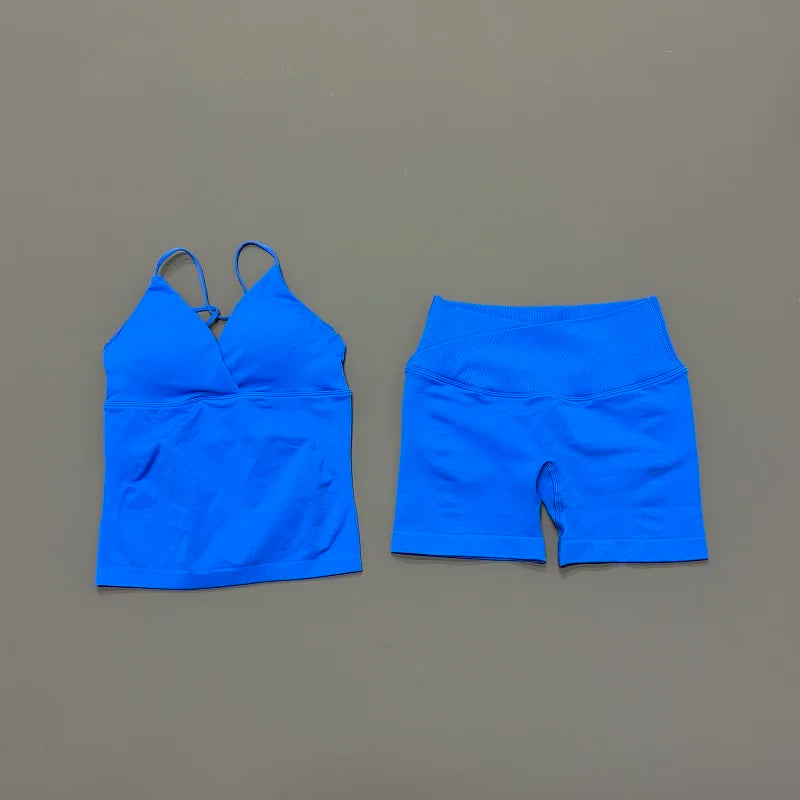 2Pcs Workout Shorts Set Women Cross Waist Scrunch Butt Shorts Tummy Control Racerback Tank Top Running Fitness Two Piece Suit