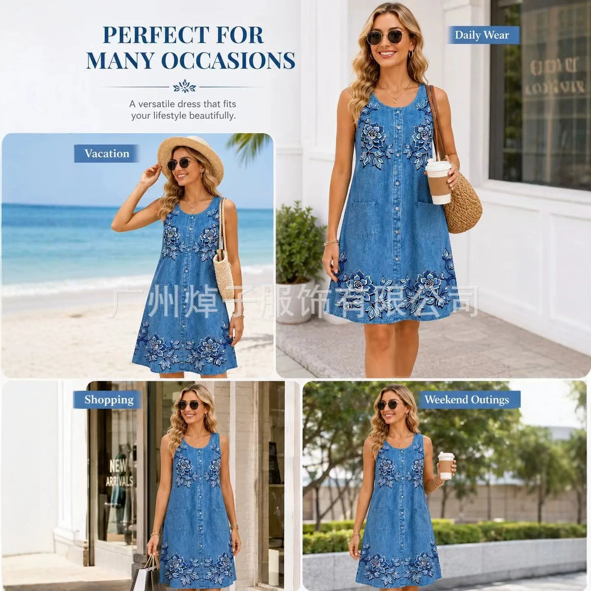 Women's Casual Summer Sleeveless Loose Fit Round Neck Pull On 3D Print Mid Length Dress for Women Beach Hiking Camping Outfits