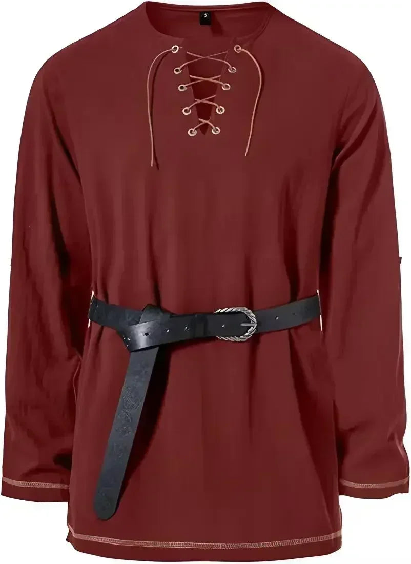 Men Medieval Lace Up Linen Long Sleeve Tunic Viking Pirate Renaissance Cosplay Shirt With Vintage Embossed Leather Belt