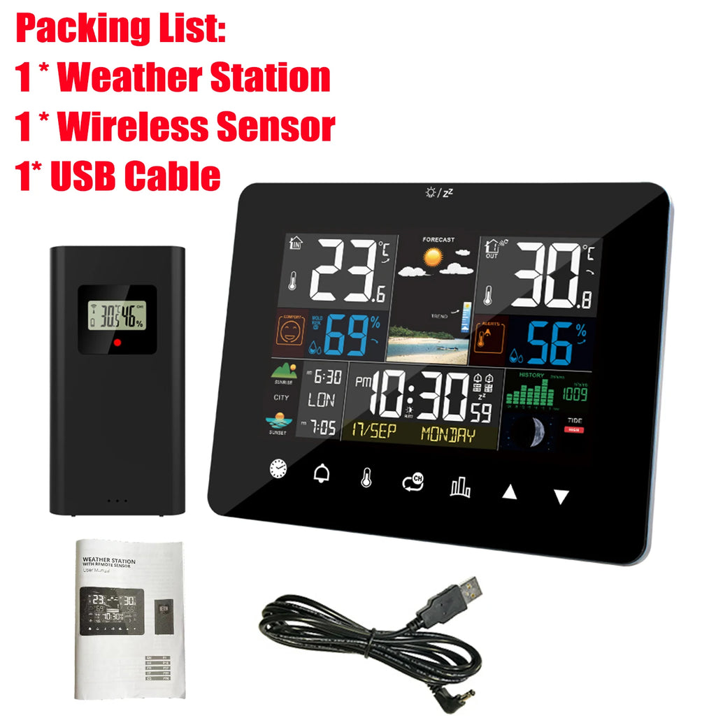 Multifunctional Weather Station Alarm Clock Touch Screen Thermometer Hygrometer Wireless Sensor Sunrise Sunset Hygrothermograph