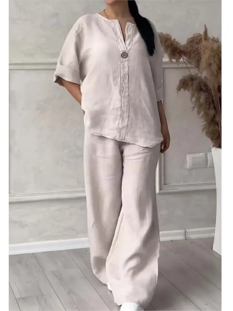 Fashion O Neck Long Sleeve Cotton Linen Shirt Suit Women Spring Autumn Casual Solid Color Pocket Pants Female Office 2 Piece Set
