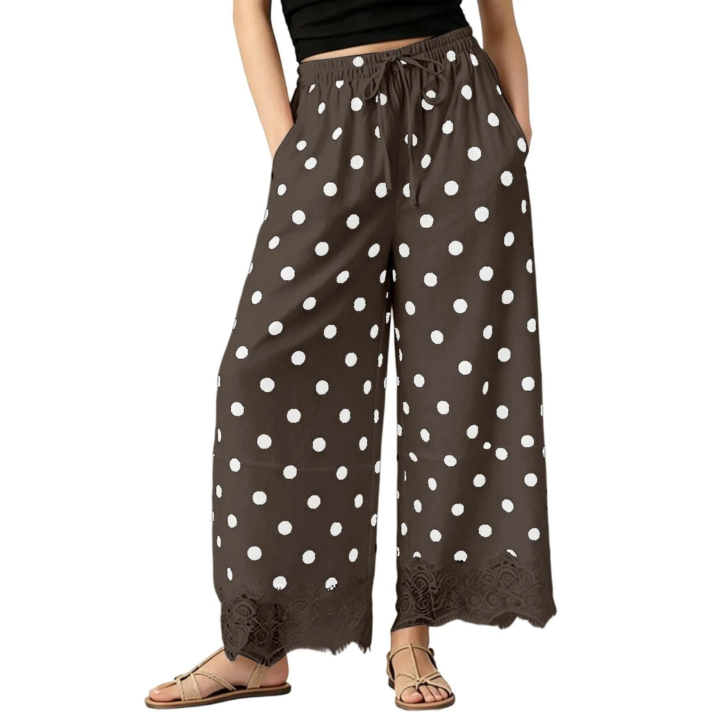 Vintage Polka Dot Women's Pants Lace Hem Loose Wide Leg Pants Drawstring Elastic Waist Side Pocket Baggy Trousers Pantalones