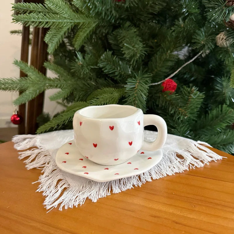 ins style retro flower ceramic cups and saucers, hand-squeezed irregular coffee cups and saucers, afternoon tea cups and saucers